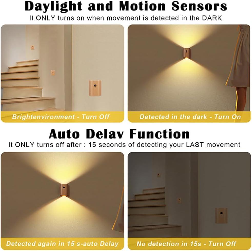 LANDGOO White Ash Wood Night Light Step Light - Smart Motion Sensor Stair Lighting, Rechargeable