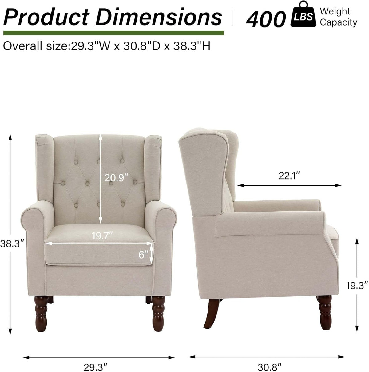Accent Chair, Upholstered Armchair with Button Tufted High Back & Solid Wood Legs, Comfy Wingback