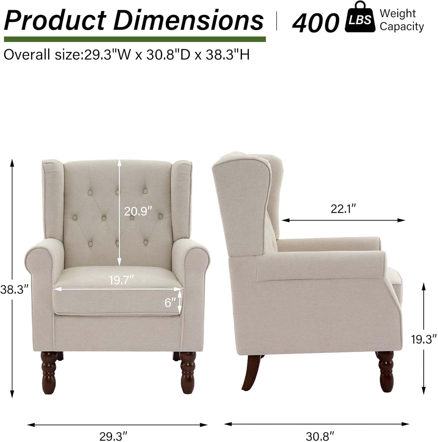 Accent Chair, Upholstered Armchair with Button Tufted High Back & Solid Wood Legs, Comfy Wingback