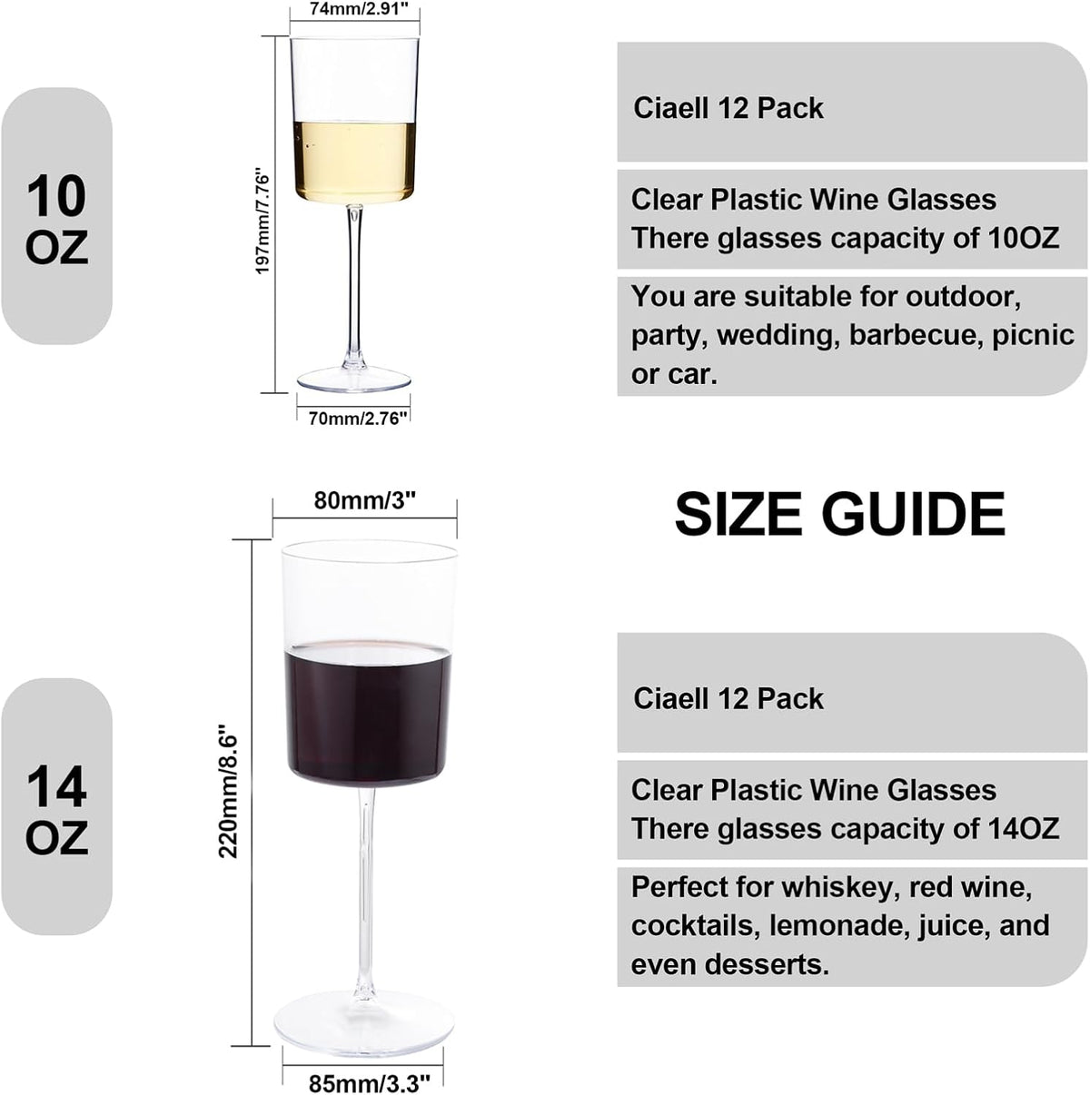 Ciaell 12 Pack Clear Plastic Wine Glasses - 14Oz Plastic Wine Glasses with Stem - Disposable