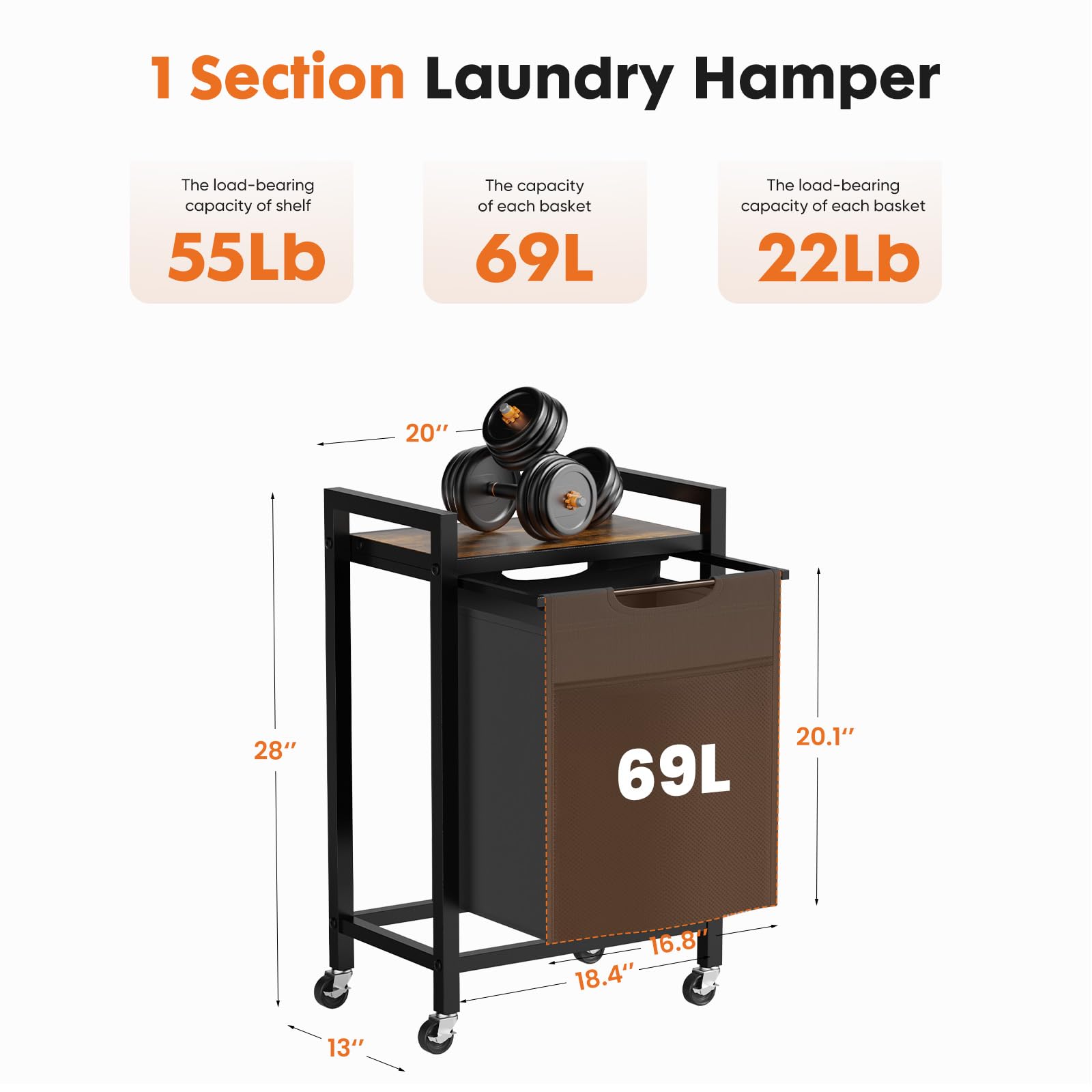 DUMOS Laundry Sorter Hamper, 18.3Gal (69L) Rolling Laundry Basket