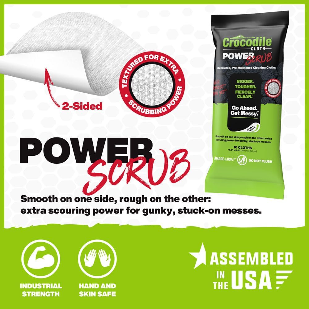 Crocodile Cloth PowerSCRUB Cleaning Wipes – 10 (15" x 10") Dual-Surface Cloths, Heavy-Duty, Moist
