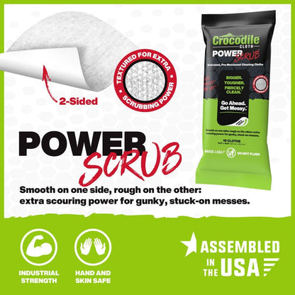Crocodile Cloth PowerSCRUB Cleaning Wipes – 10 (15" x 10") Dual-Surface Cloths, Heavy-Duty, Moist