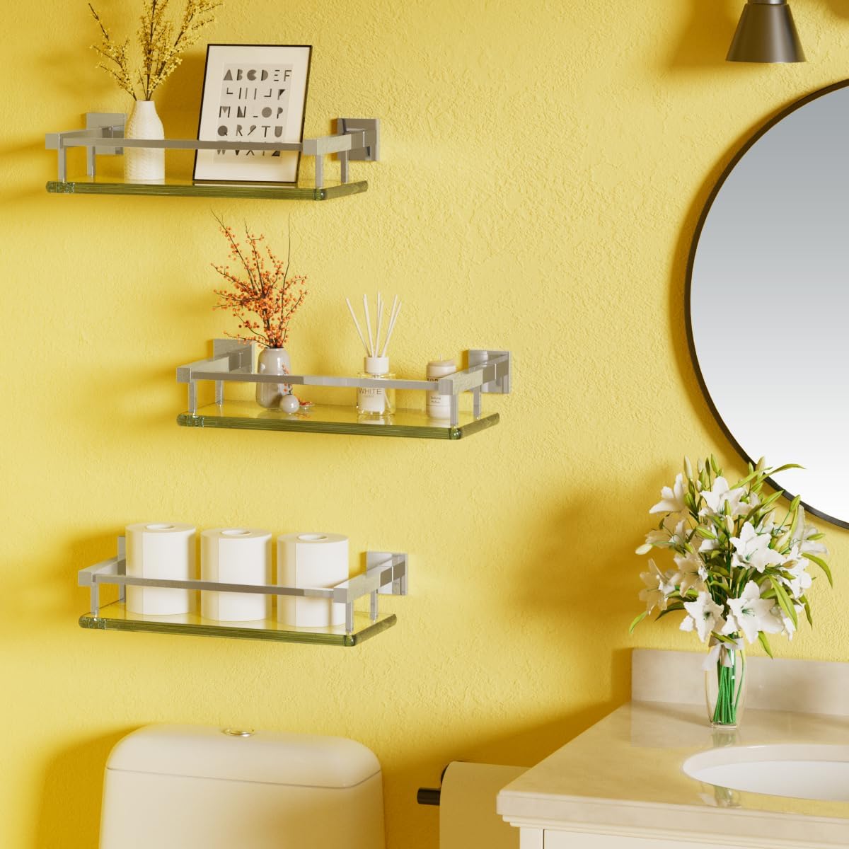 Alise Glass Shelves for Bathroom Wall, Tempered Glass Bathroom Shelf Wall Mounted, Modern Space
