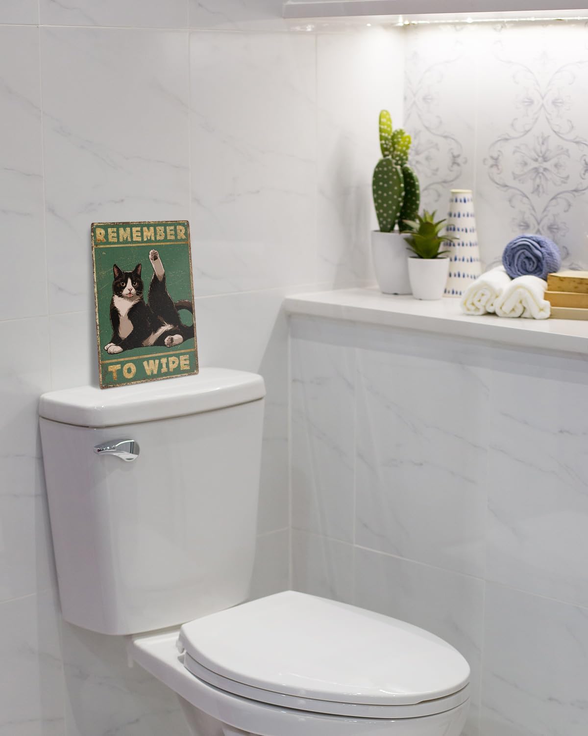 ALKB Bathroom Tuxedo Cat Sign - Remember to Wipe - Cat Lover Gift 8x12 Inch Vintage Metal Sign for