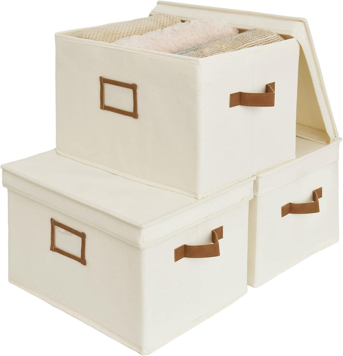 StorageWorks Storage Bins with Lids, Decorative Storage Boxes with Lid and PU Handles, Foldable