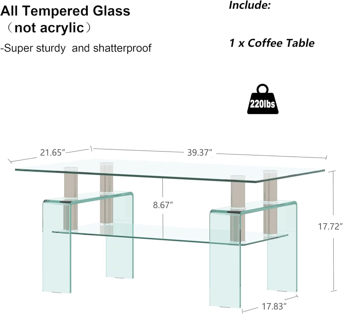 Glass Coffee Table for Living Room, Modern Rectangle All Tempered Glass Table 8mm Clear Transparent