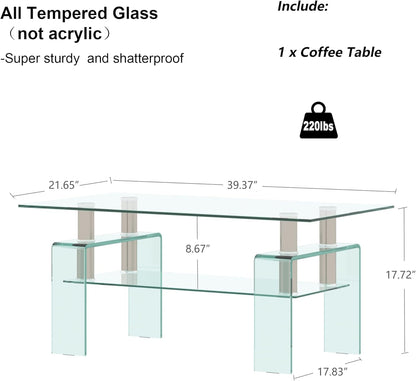 Glass Coffee Table for Living Room, Modern Rectangle All Tempered Glass Table 8mm Clear Transparent