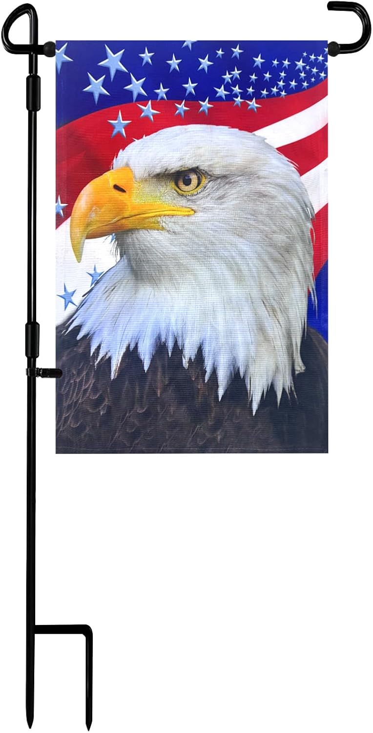 TOPFLAGS Garden Flag Stand with American Garden Flags Patriotic Stars and Eagle Yard Flag 12x18