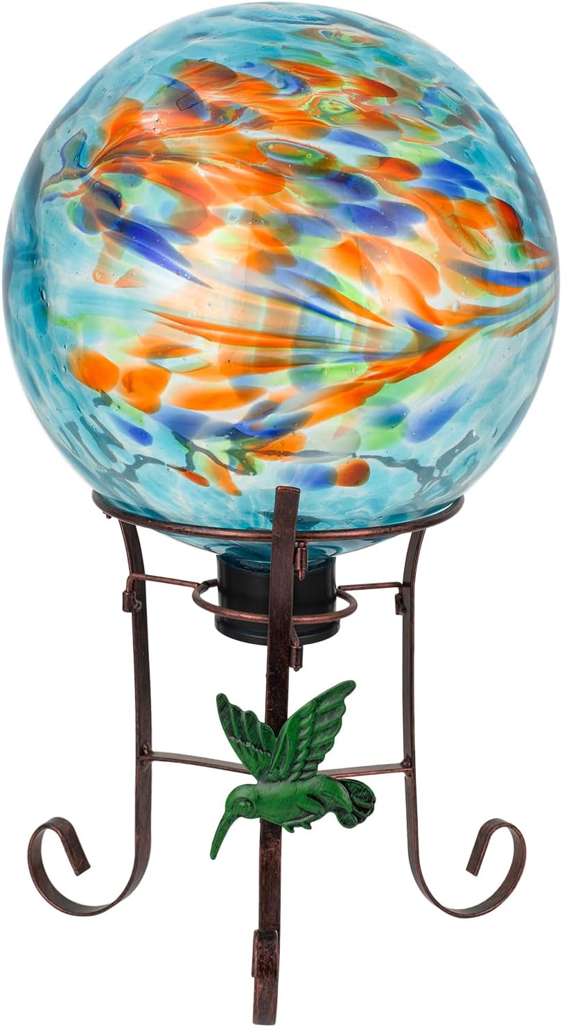 10 Inch Glass Gazing Ball, with 9.4" Tall Metal Gazing Globe Stand, Glass Balls Display Holder Set