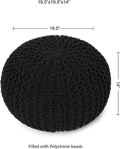 REDEARTH Round Pouf Foot Stool Ottoman - Hand Knitted Bean Bag - Cord Boho Pouffe - Cable Poof
