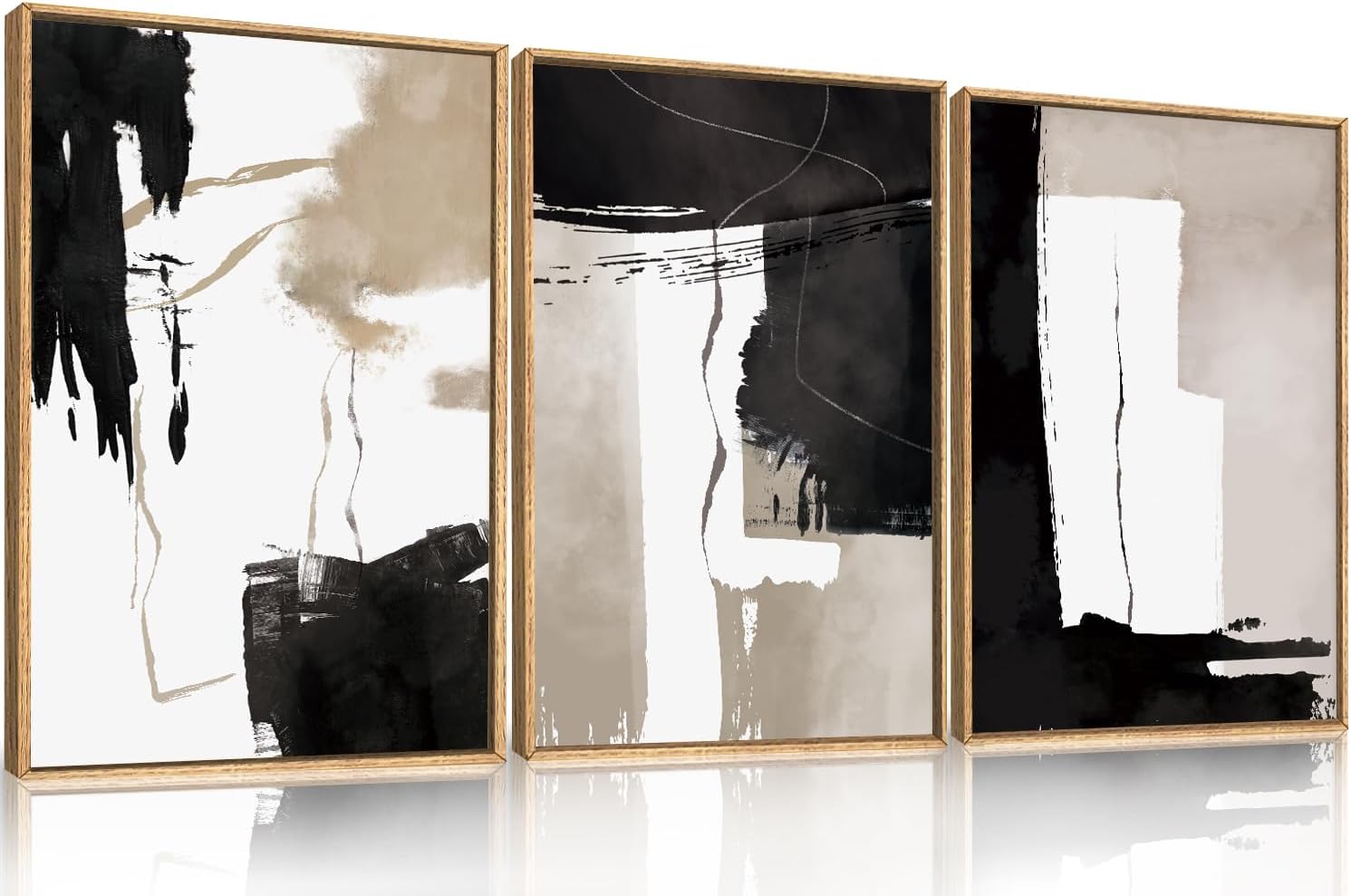 Black White Brown Framed Canvas Wall Art Set, Neutral Geometric Wall Decor, Modern Abstract Wall