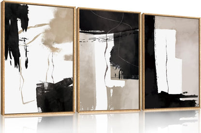 Black White Brown Framed Canvas Wall Art Set, Neutral Geometric Wall Decor, Modern Abstract Wall