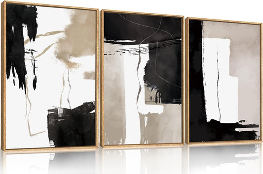 Black White Brown Framed Canvas Wall Art Set, Neutral Geometric Wall Decor, Modern Abstract Wall