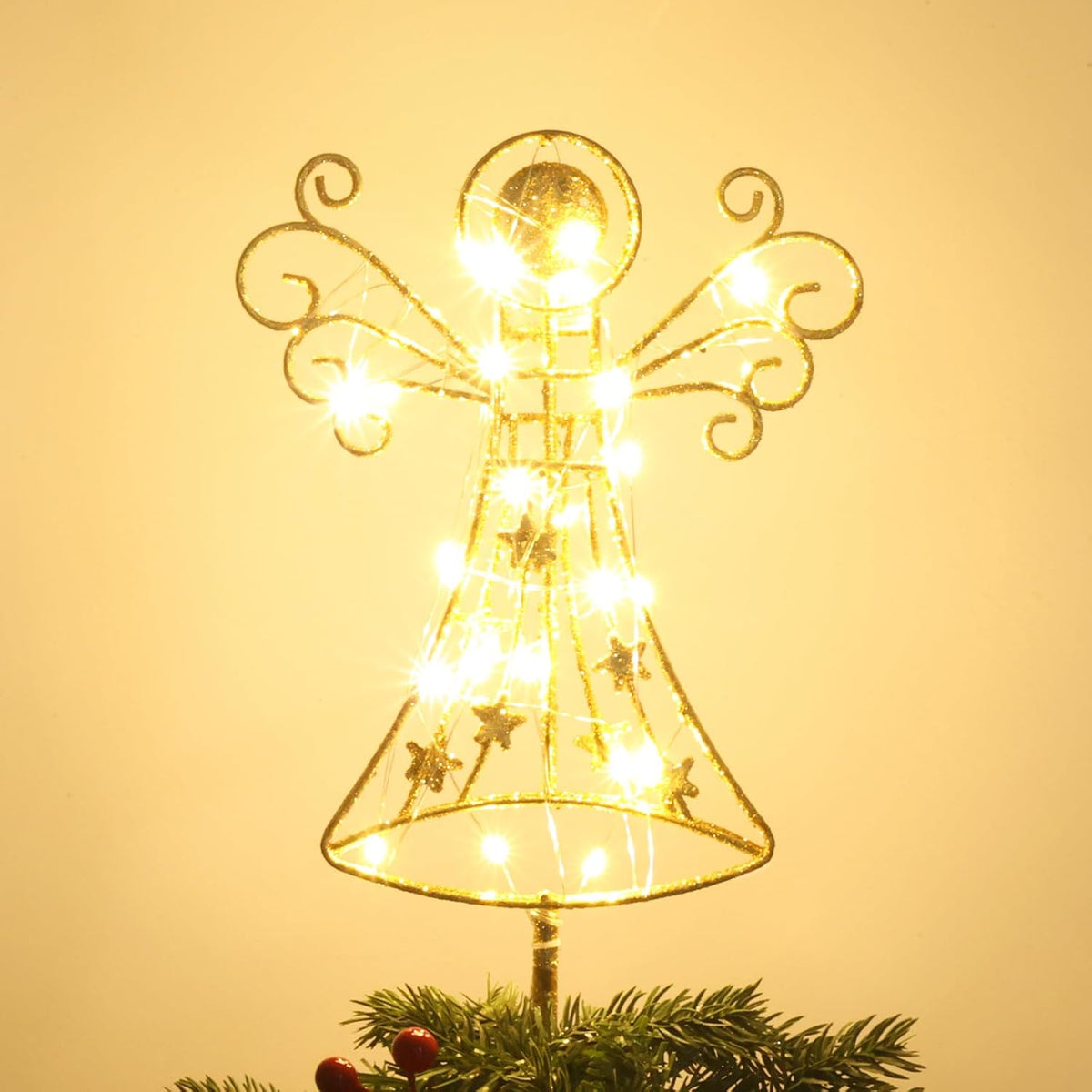 hogardeck Christmas Tree Topper, Glittered Gold Angel Tree Topper for Christmas Treetop, 30 LED
