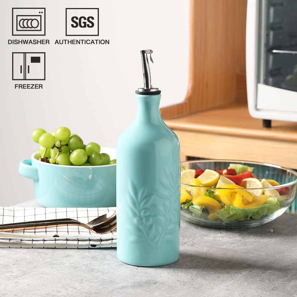 Sweejar Ceramic Olive Oil Dispenser Bottle, 20 Oz Relief Design EVOO Oil and Vinegar Dispensing