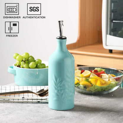 Sweejar Ceramic Olive Oil Dispenser Bottle, 20 Oz Relief Design EVOO Oil and Vinegar Dispensing