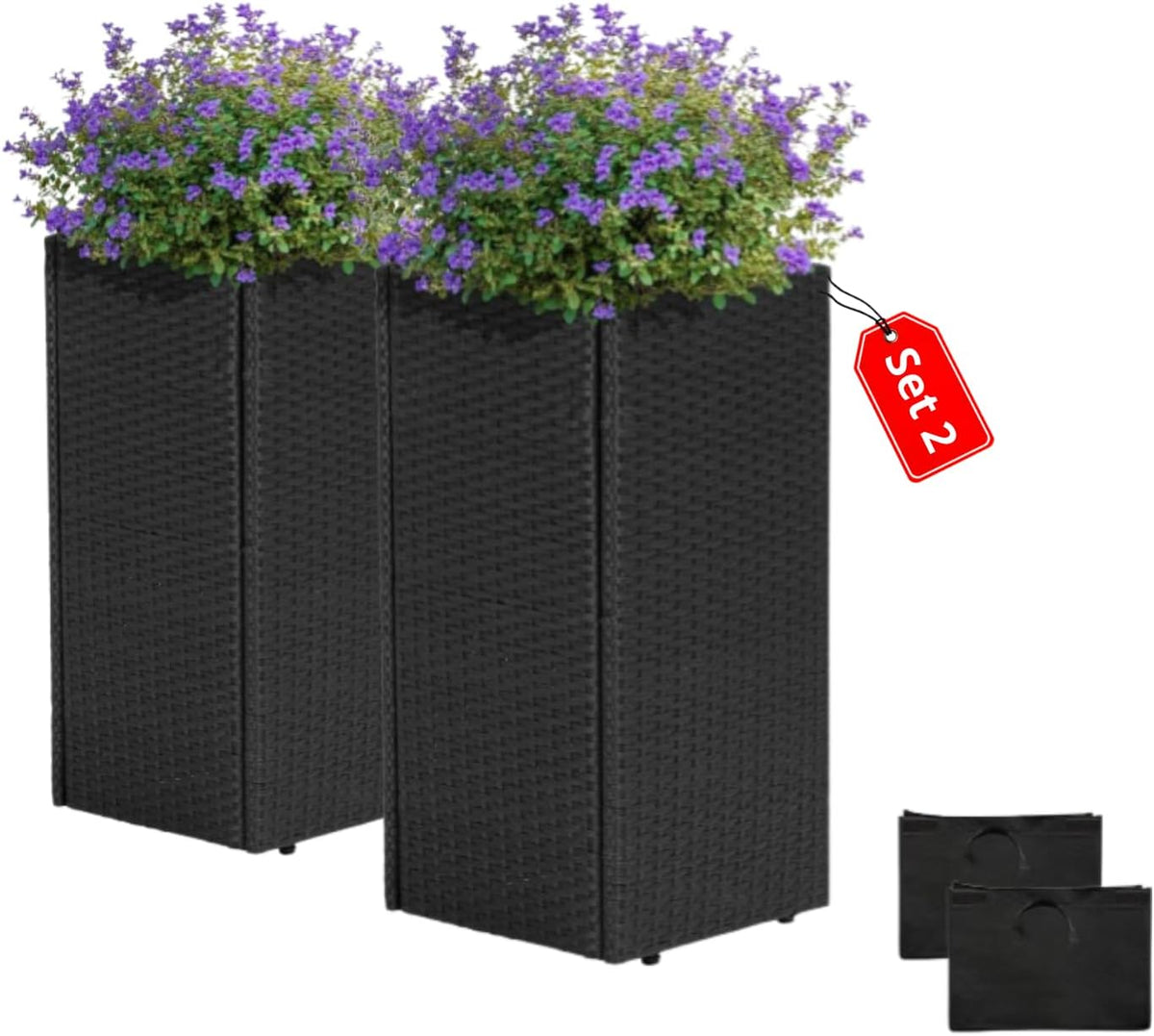 IDZO All-Weather Wicker Planters, Set of 2, 24 in Tall Wicker Planters, Self-Watering with