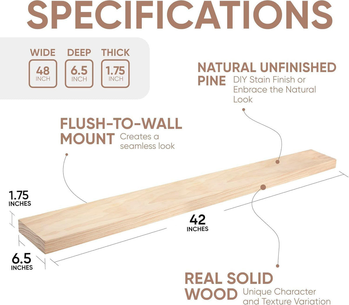 Homeforia 42 inch Wood Floating Shelf, High End Solid Natural Wood 42inch Large Floating Shelves