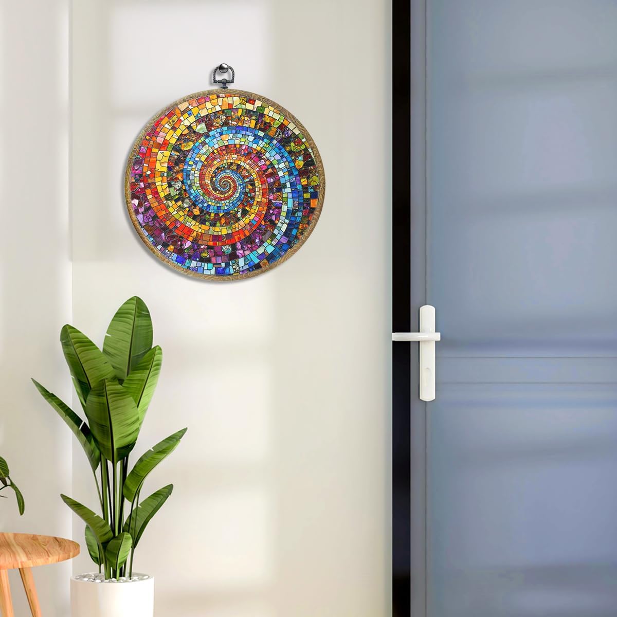 Colorful Glass Style Colorful Geometric Decoration Gift for Art Lovers Framed Round Wall Decor