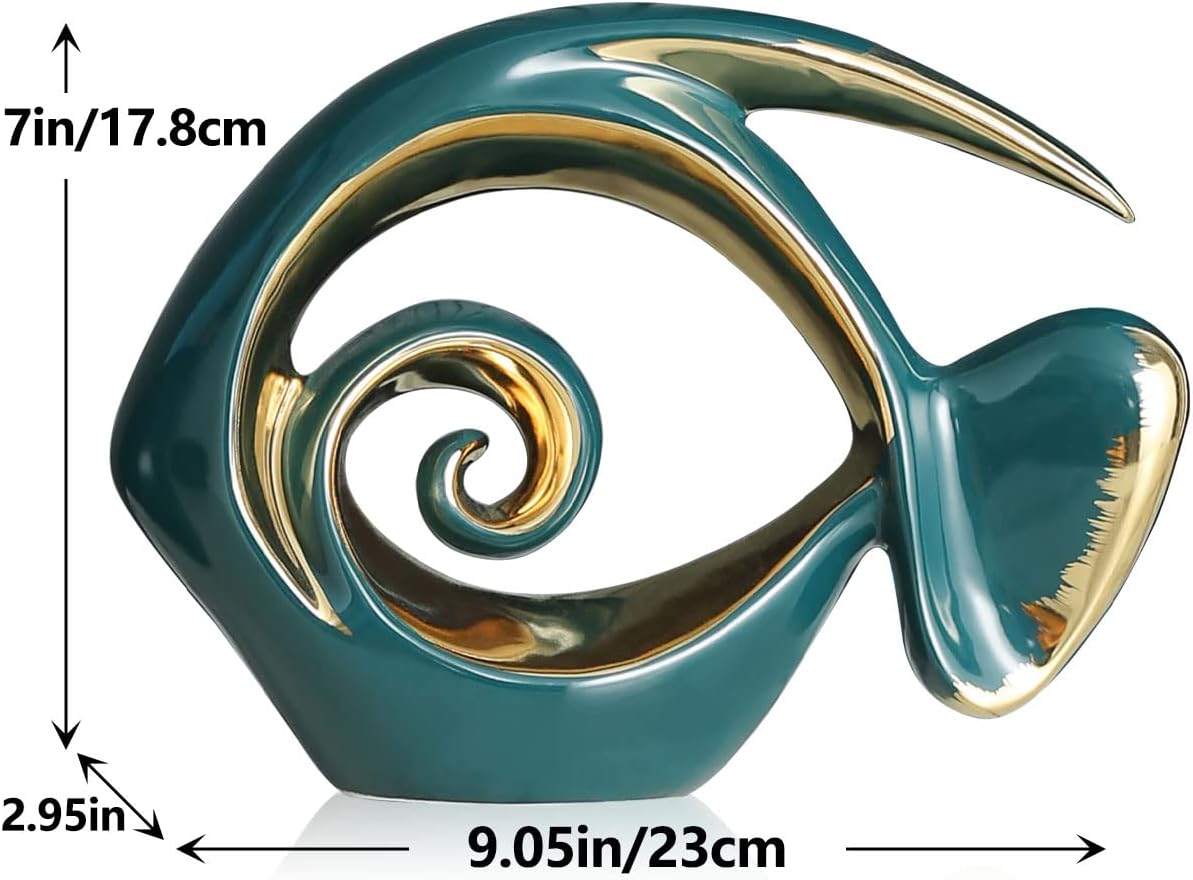 Green Gold Ceramic Fish Figurines - Coastal Home Decor, Modern Ocean Centerpieces for Living Room