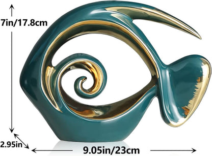 Green Gold Ceramic Fish Figurines - Coastal Home Decor, Modern Ocean Centerpieces for Living Room
