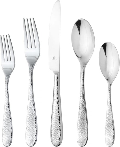 Hammered Silverware Set | Premium 18/10 Stainless Steel Flatware Service for 16 | Heavy-Duty &