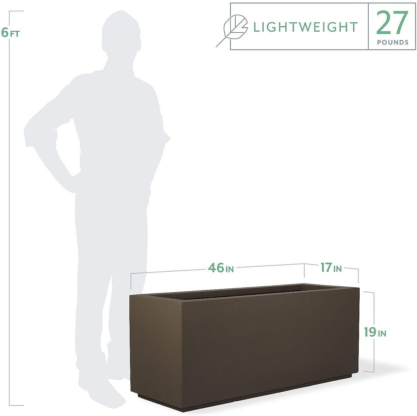 PolyStone Milan Tall Modern Outdoor/Indoor Rectangular Trough Planter, 17" L X 46" W X 19" H