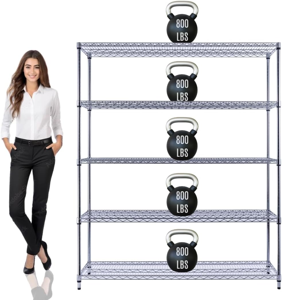 60"x18"x72" PRIME HEAVY DUTY Chrome 5-Tier Wire Shelving 4000 LBS MAX Capacity Storage Rack for