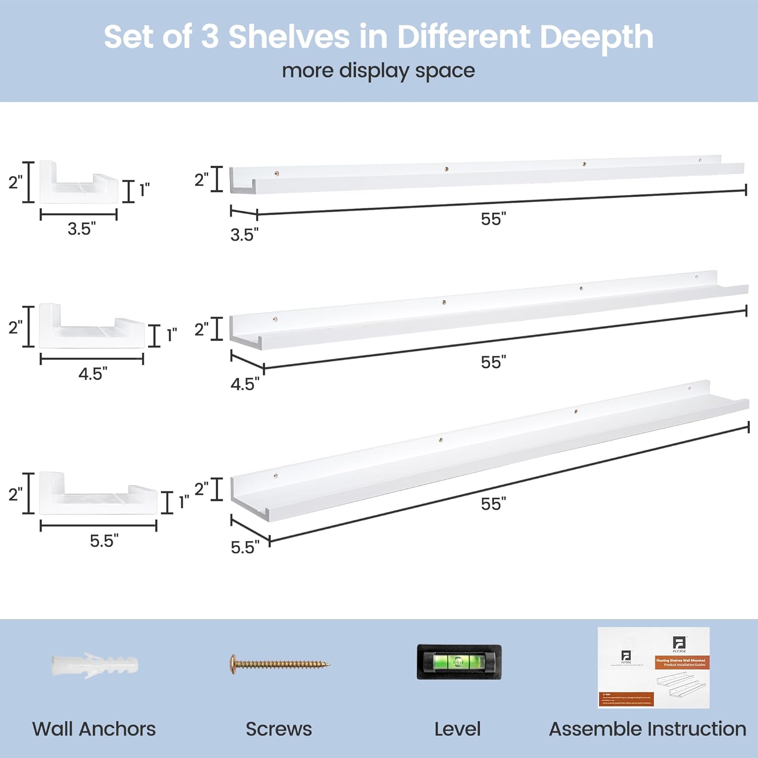 Picture Ledge Shelf for Wall, 56 inches Solid Pine Wood Nursery Book Shelves 3 Packs, Floating