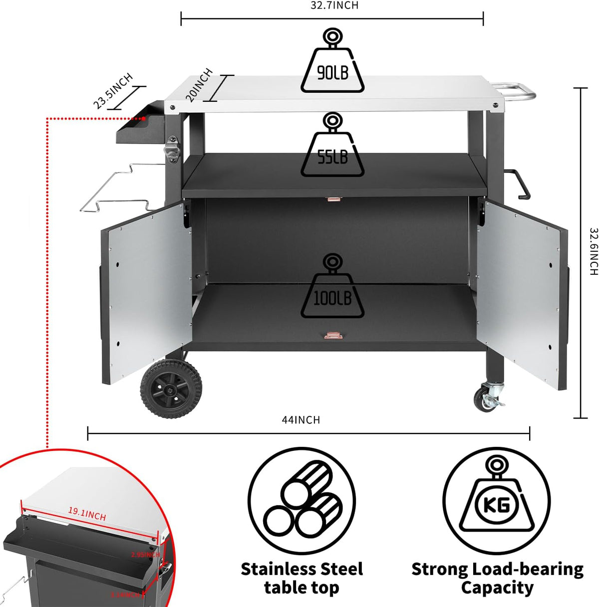 Dining Cart Table with Big Storage Cabinet, Movable Outdoor BBQ Grill Table Pizza Oven Stand