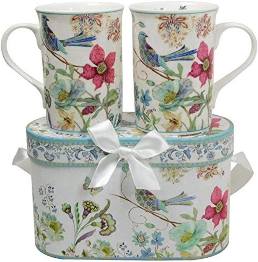 Lightahead Elegant Bone China Two Coffee Mugs set in Blue bird design 11.2 oz each cup in