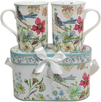 Lightahead Elegant Bone China Two Coffee Mugs set in Blue bird design 11.2 oz each cup in