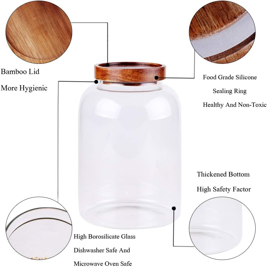 Large Glass Food Canisters, 66 FL OZ(1950ml) Kitchen Serving Stoarge Container with Airtight Acacia