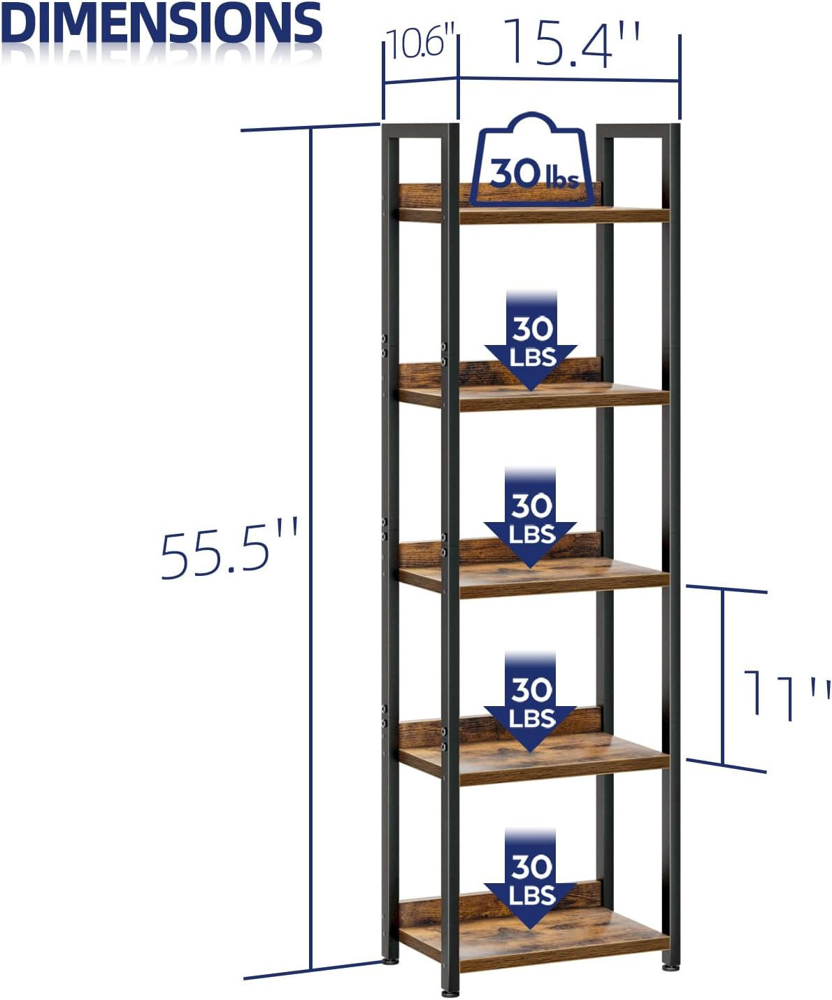 NUMENN Narrow Bookshelf, 5 Tier Bookshelves, Home Office Bookcase Shelf Storage Organizer, Free