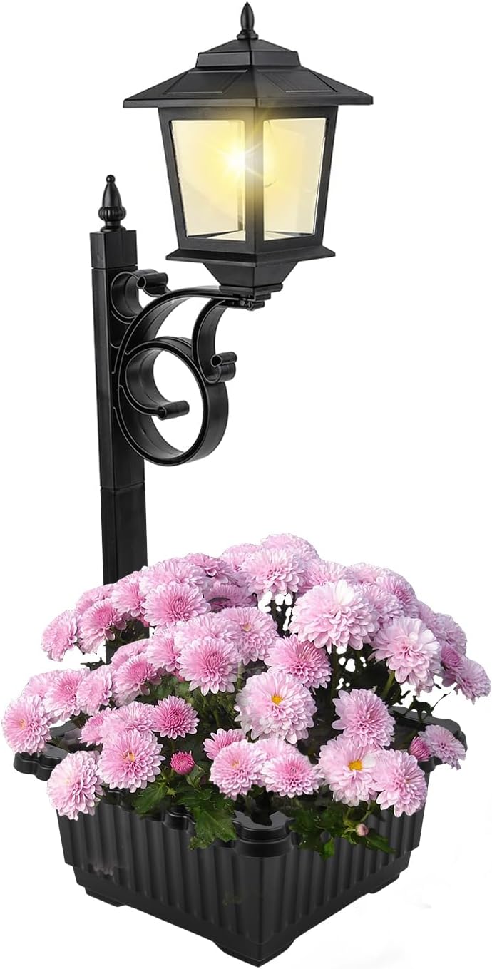 Solar Lamp Post Light with Planter, 2 in 1 Outdoor Flower Pots, Wall Mount or Freestanding