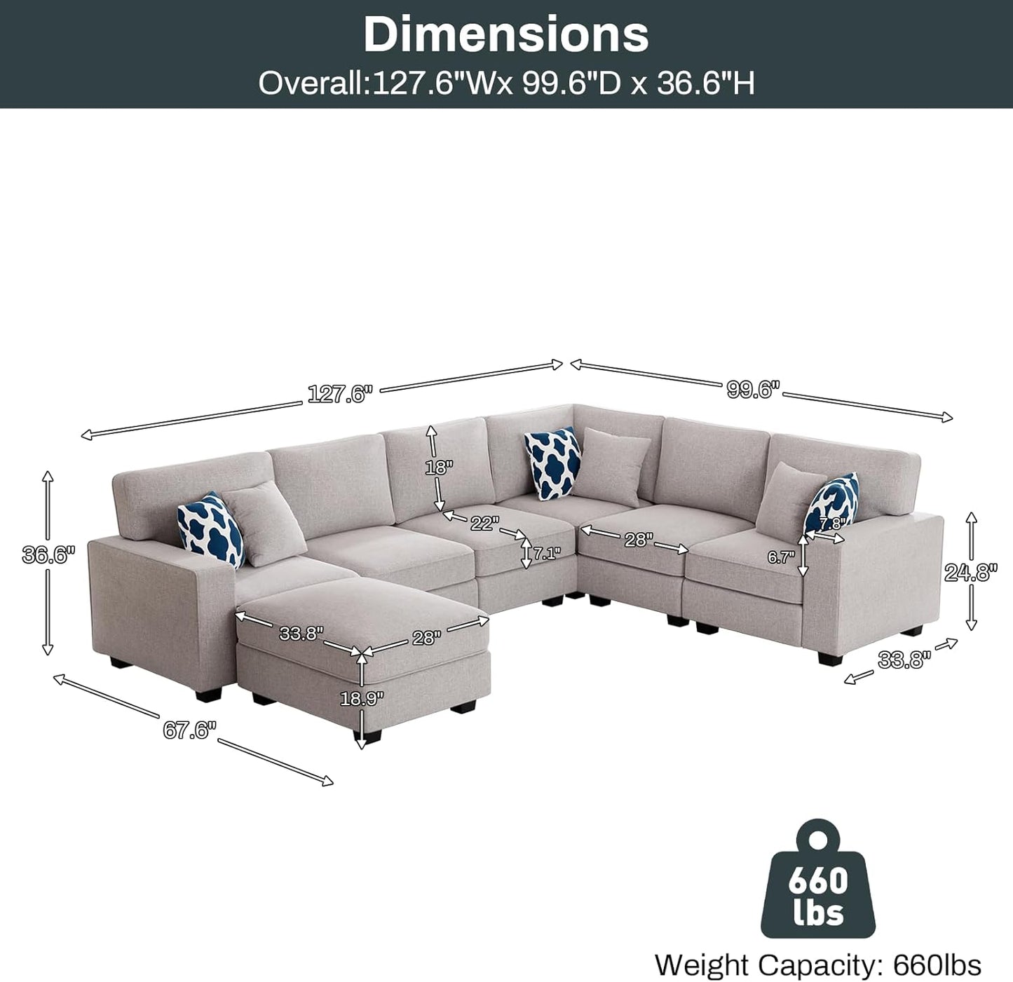 L Lengend Vansen Modular Sectional Sofa U Shaped Couch with Ottoman Modern Reversible Corner
