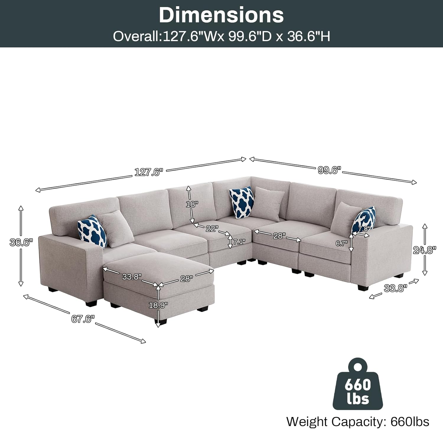 L Lengend Vansen Modular Sectional Sofa U Shaped Couch with Ottoman Modern Reversible Corner
