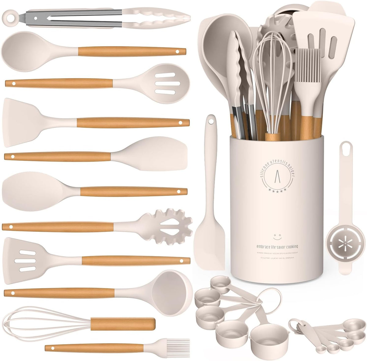 Silicone Cooking Utensils Set - Silicone Kitchen Utensils for Cooking Wooden Handles, 446°F Heat