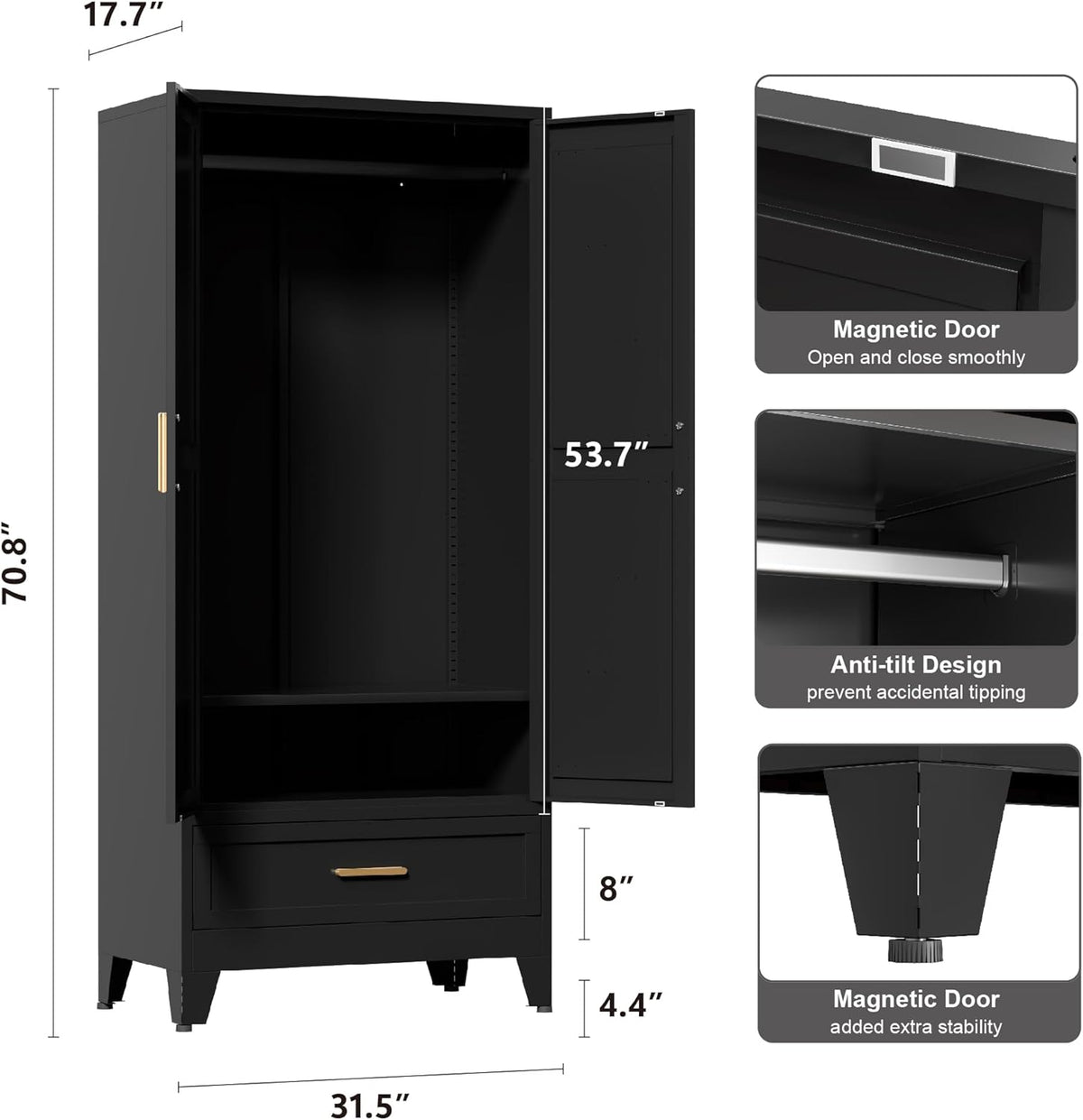 71'' Black Farmhouse Metal Wardrobe Cabinet with Hanging Rod, 2 Barn Door Wardrobe Closet with