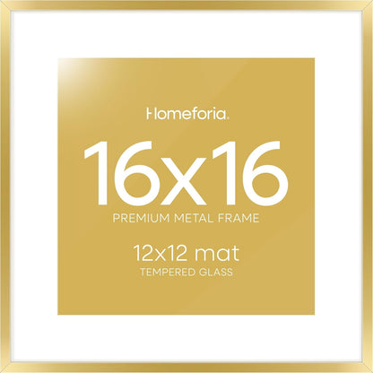 Homeforia 16x16 Picture Frame Gold, High End Metal 16 x 16 Square Poster Frame with Mat 12 x 12