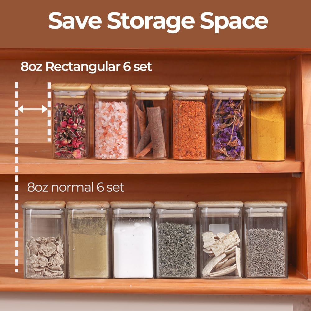 Comsaf Spice Jars with Label，8 oz Small Glass Jars with Lids, 6 Pcs Seasoning Containers, Rectangle