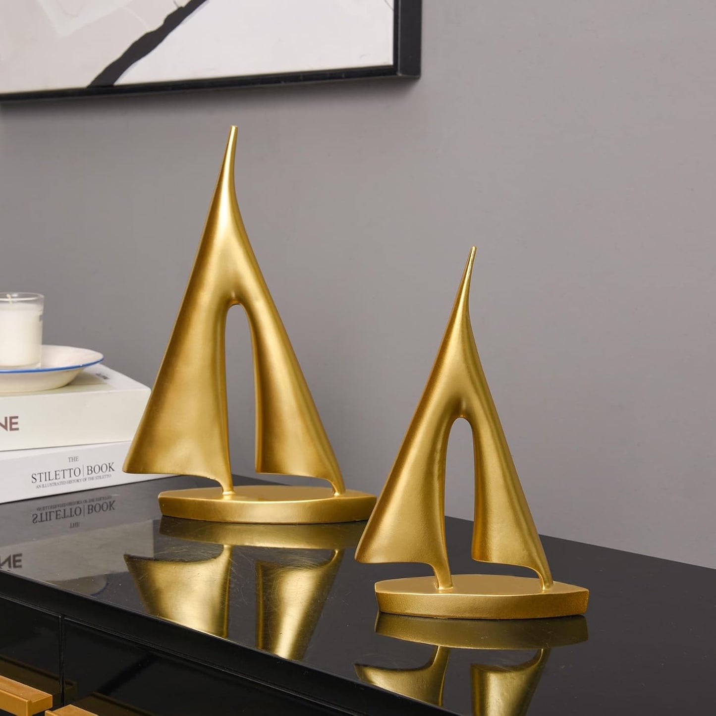 Modern Sculptures Home Decor, Gold Sailboat Decor Ornament, Boat Decorations Statue Decor, Art
