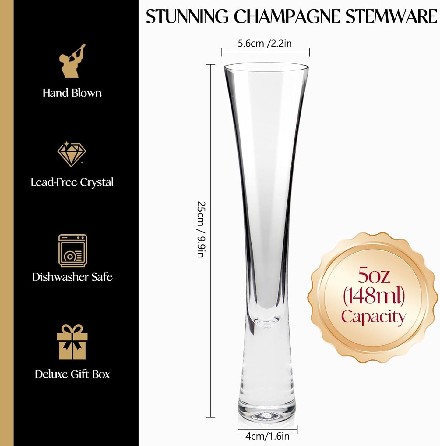 Champagne Flutes Set of 4, Hand Blown Crystal Champagne Glasses, Modern Unique Design, Lead-Free