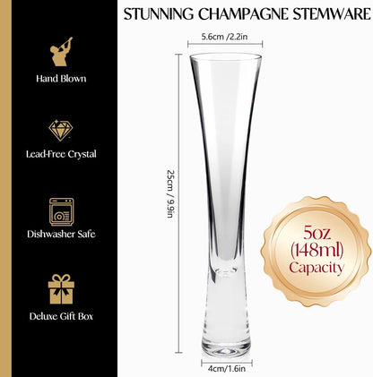 Champagne Flutes Set of 4, Hand Blown Crystal Champagne Glasses, Modern Unique Design, Lead-Free