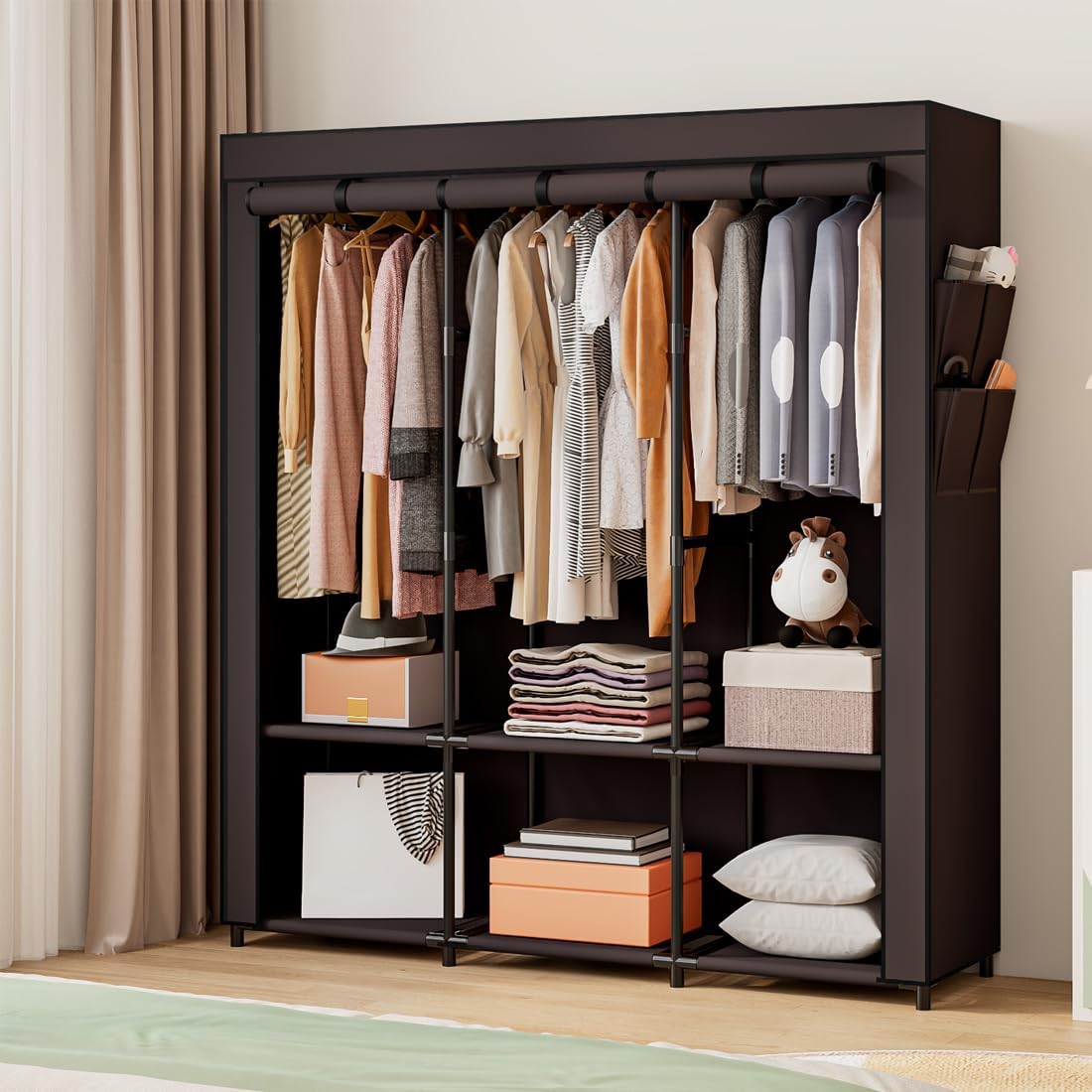 SORCEDAS Portable Closet Wardrobe Storage Organizer Metal Hanging Rack Non-Woven Fabric 50 Inch
