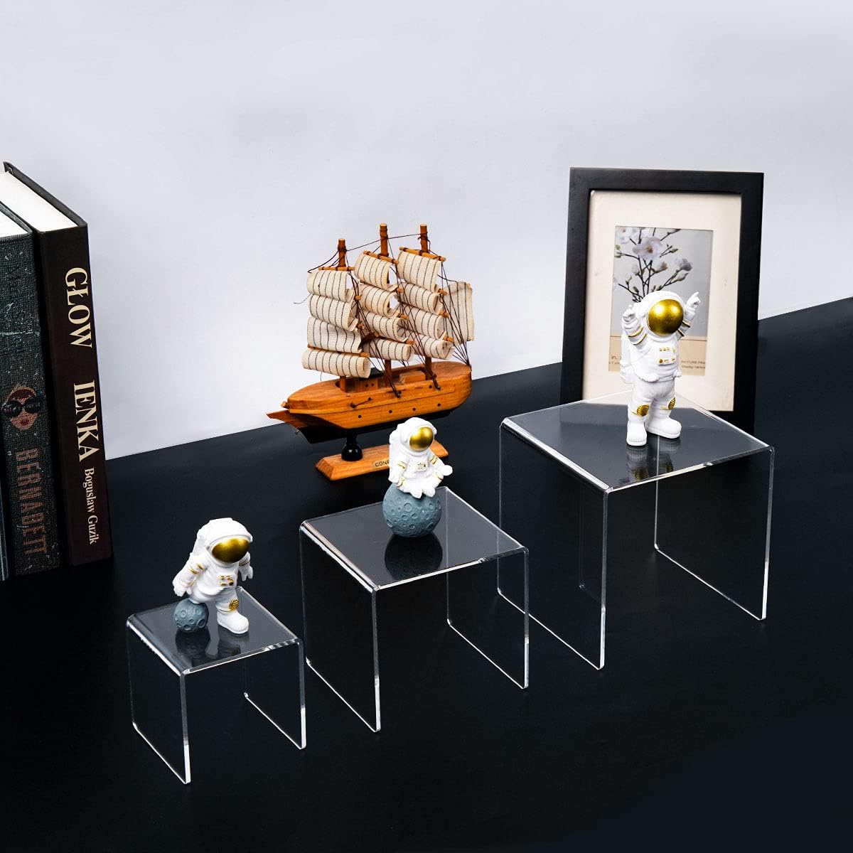 HIIMIEI Clear Acrylic Display Risers 2 Sets, 3-Tier Risers Stands Showcase for Amiibo Funko Pop