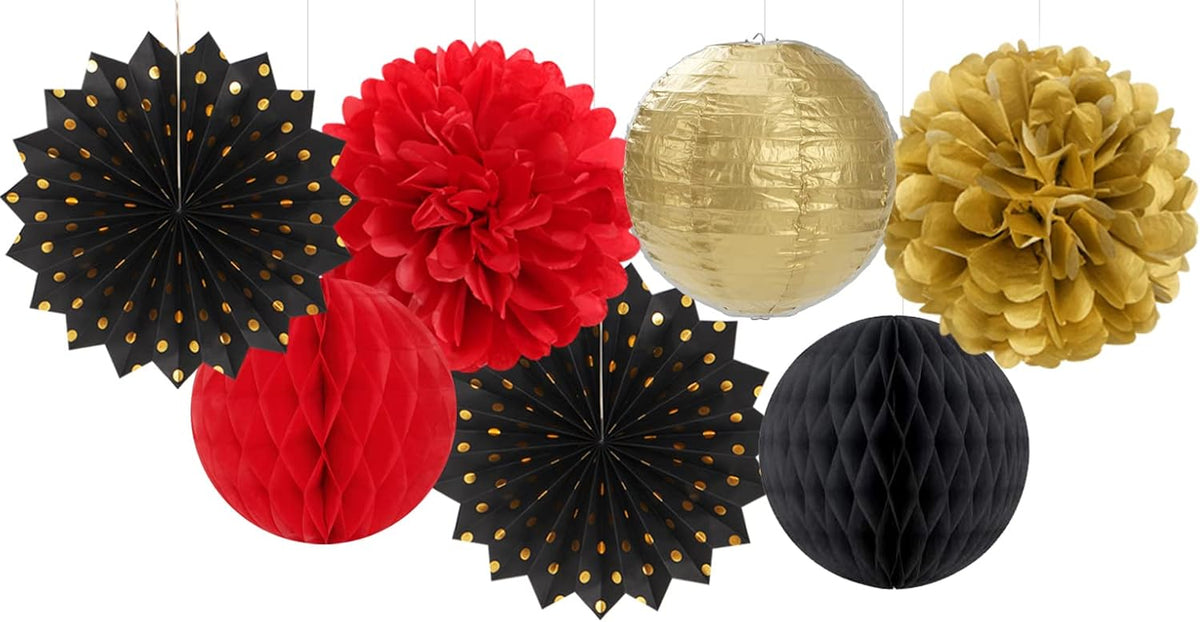 Red-Black Gold Party Decorations Streamers Lanterns - 14pcs Casino-Theme Graduation 2025 Paper