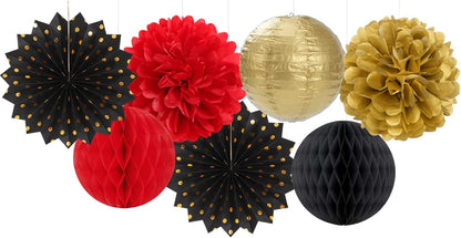Red-Black Gold Party Decorations Streamers Lanterns - 14pcs Casino-Theme Graduation 2025 Paper