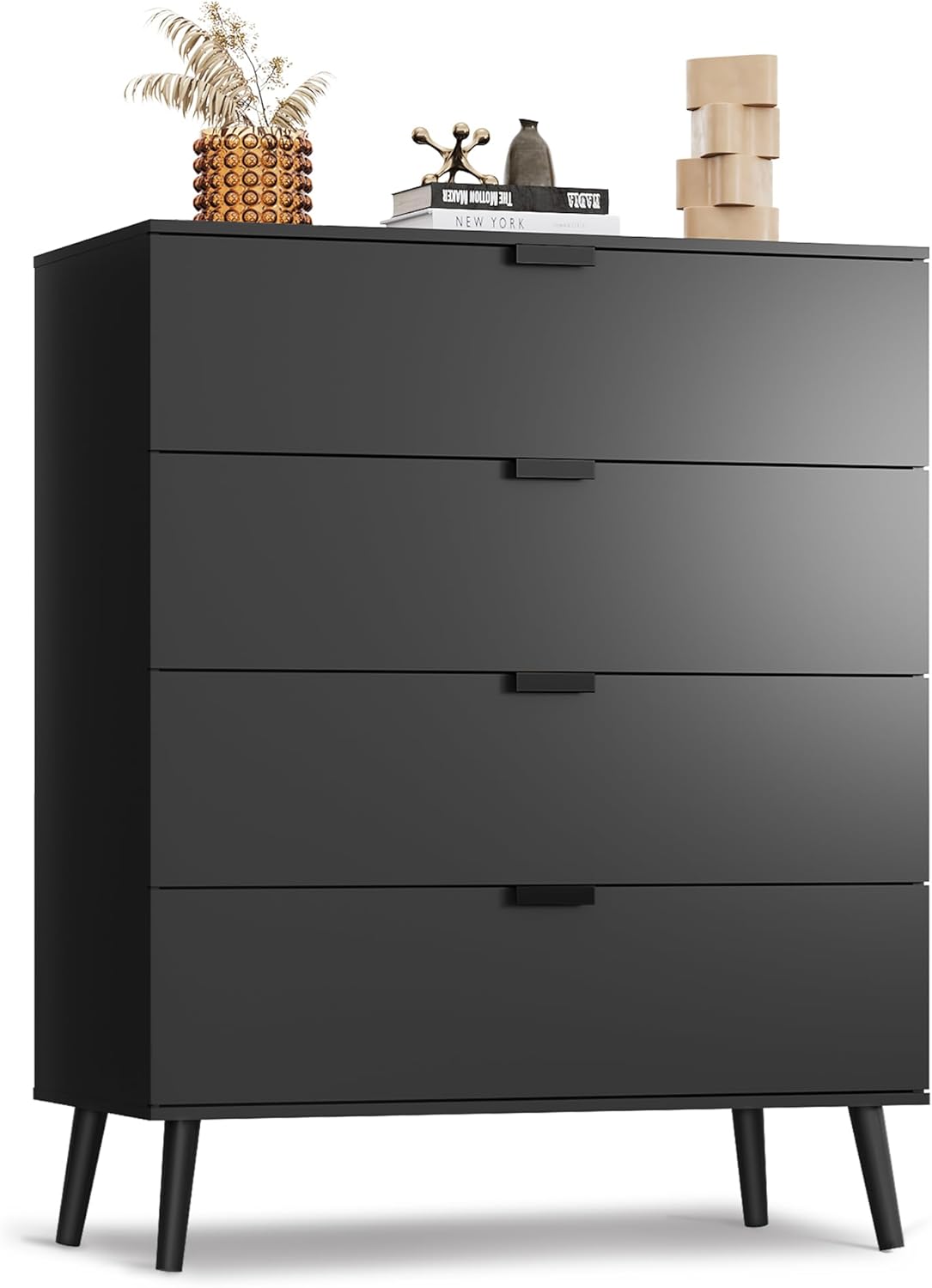 WLIVE 4 Drawer Dresser for Bedroom, Tall Wood Dresser, Modern Black Dressers with Sturdy Metal